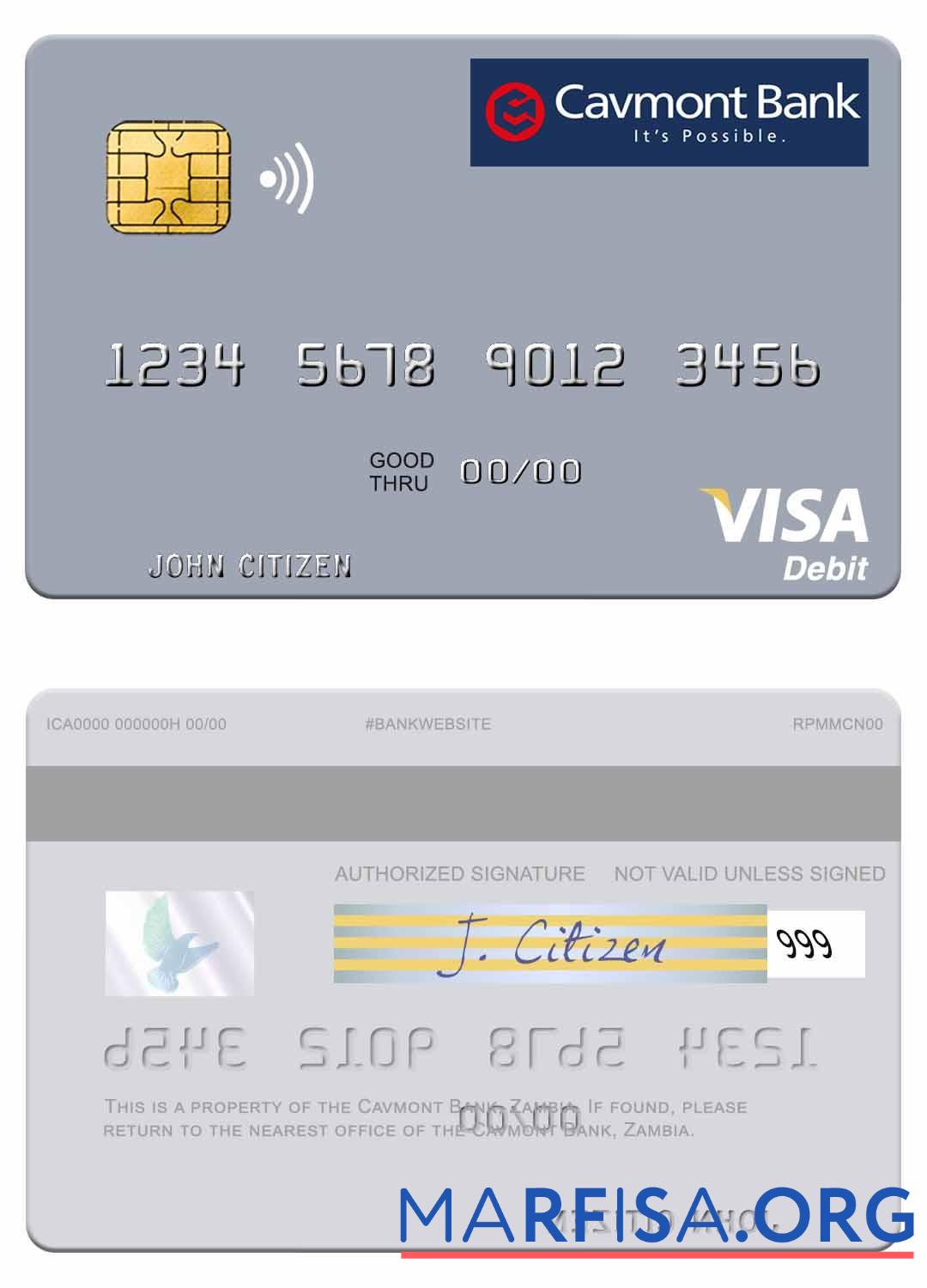 Printable Zambia Cavmont Bank visa debit card template